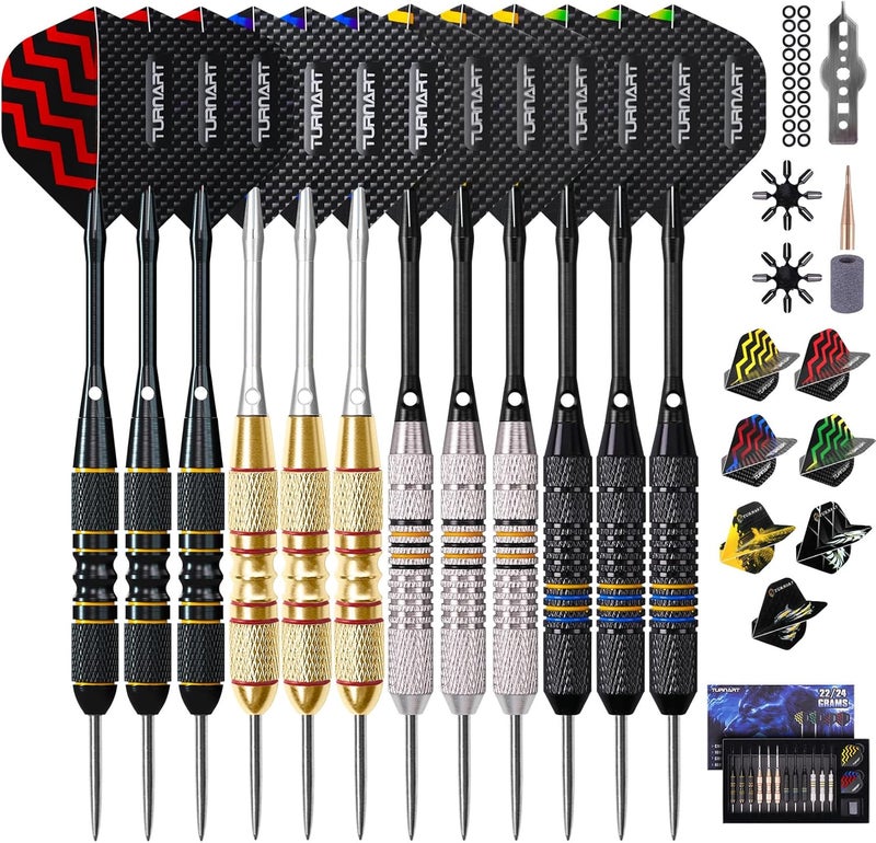 Turnart Darts Metal Tip Set - Steel Tip Darts Darts Set Professional Metal Darts 12 pcs 22/24 Grams Pro Dart Set with Stylish Case Aluminum Shafts Extra 9 Flights - Image 1